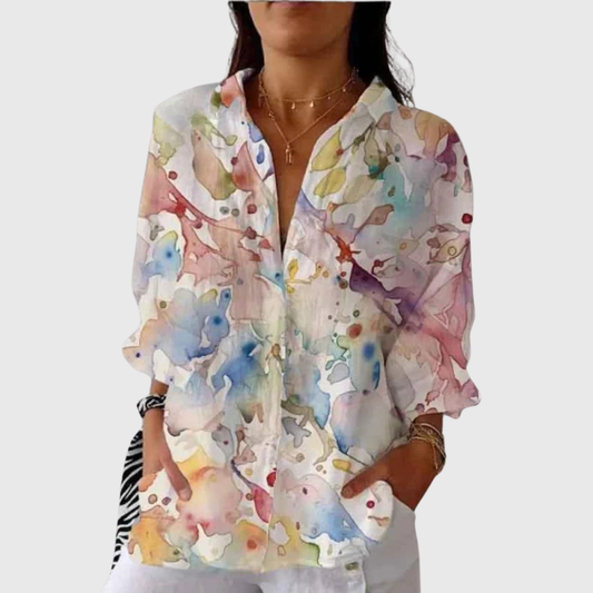 Blusa de Botones con Estampado Acuarela en Tonos Pastel