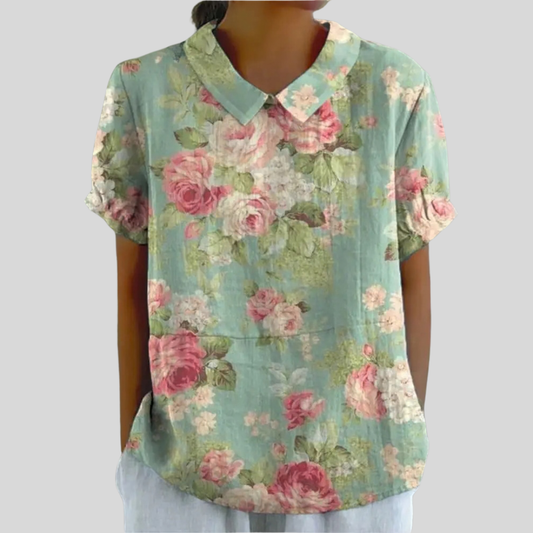 Blusa de Botones de Manga Corta con Estampado de Rosas Vintage