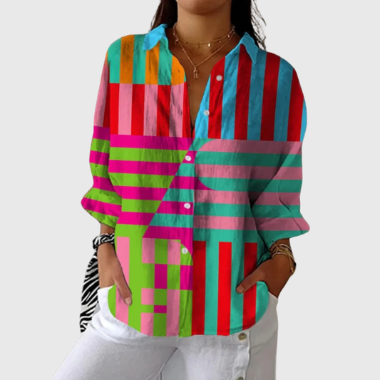 Blusa de Botones con Estampado de Rayas Verticales Multicolor