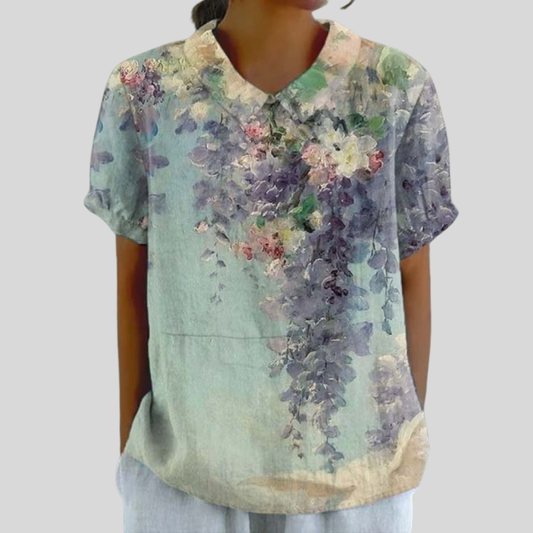 Blusa de Botones de Manga Corta con Estampado Floral Difuminado