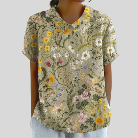 Blusa de Botones de Manga Corta con Estampado Botánico Silvestre