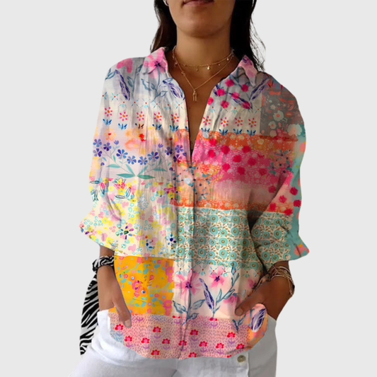 Blusa de Botones con Estampado Floral Patchwork