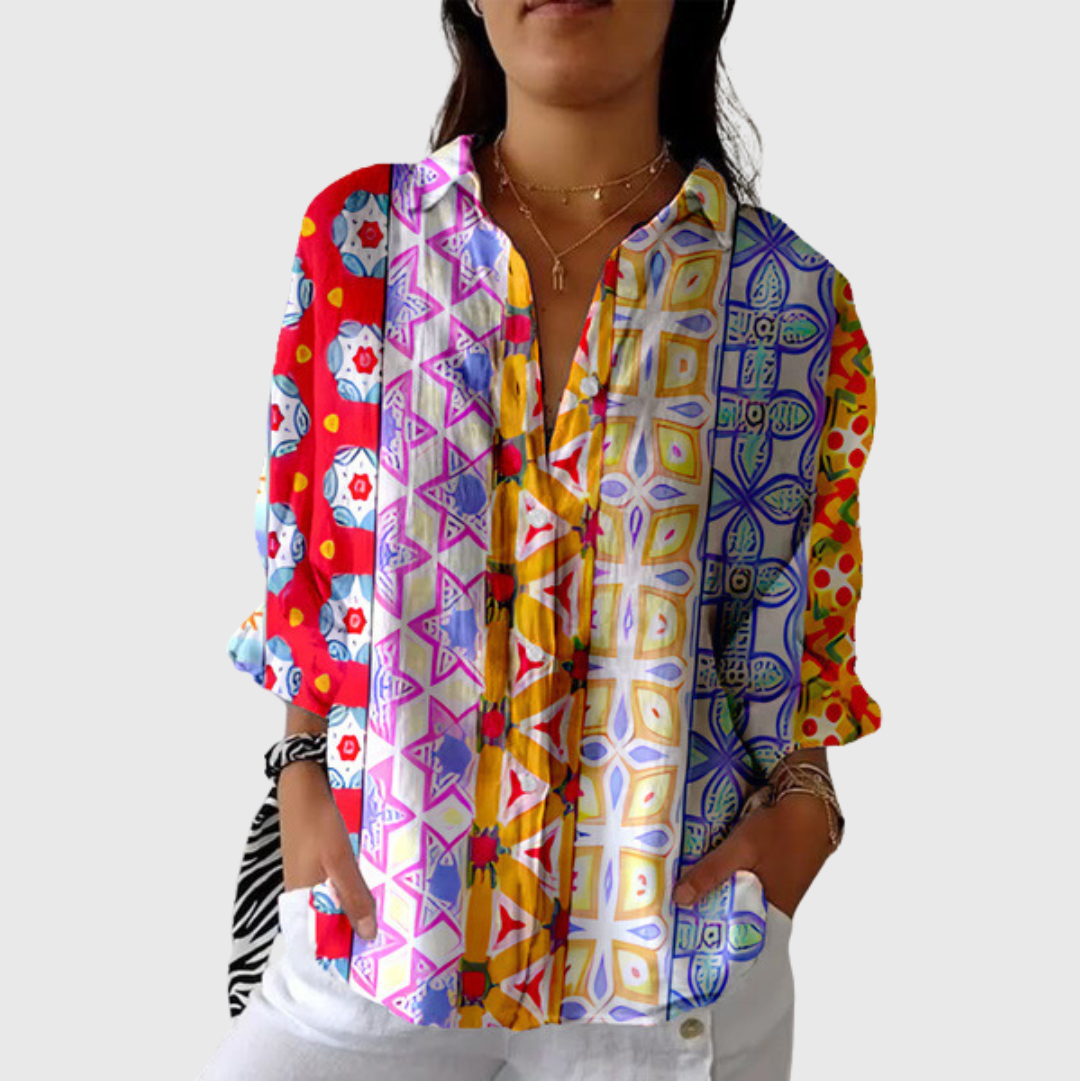 Blusa de Botones con Estampado Étnico Geométrico