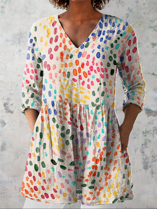 Frida | Blusa Túnica con Escote en V y Estampado de Puntos Multicolor