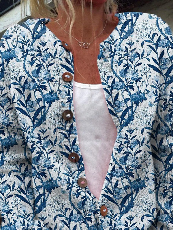 Leticia™ | Cárdigan azul y blanco con flores y aves