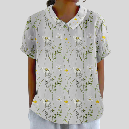 Blusa de Botones de Manga Corta con Estampado de Flores Silvestres en Gris