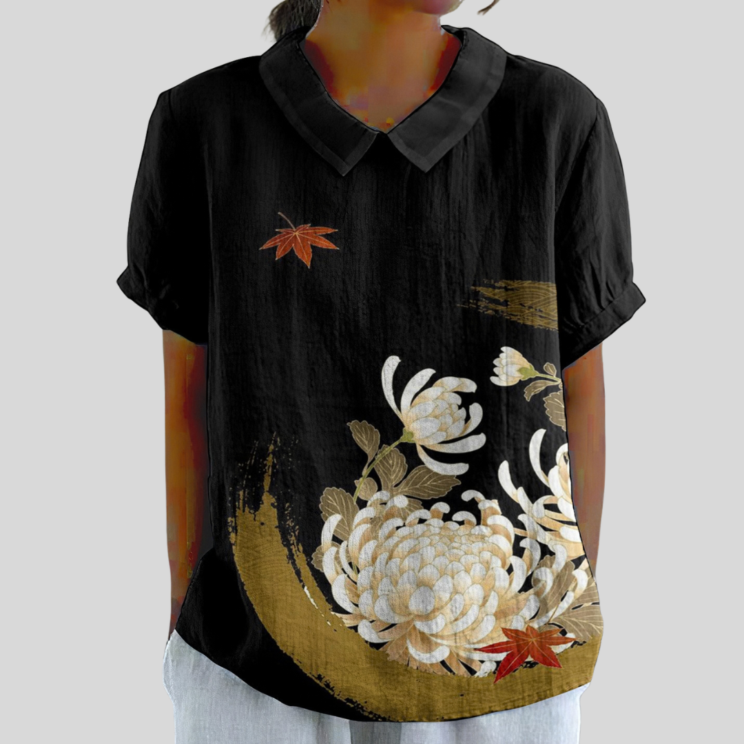 Blusa de Botones de Manga Corta con Estampado de Crisantemo Japonés