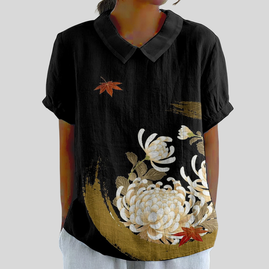 Blusa de Botones de Manga Corta con Estampado de Crisantemo Japonés
