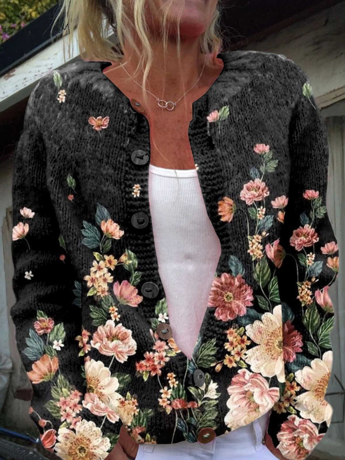 Elisa™ | Cárdigan negro con estampado floral
