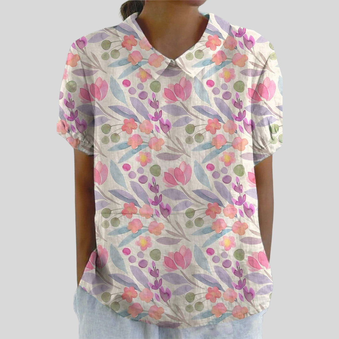 Blusa de Botones de Manga Corta con Estampado de Tulipanes en Lila