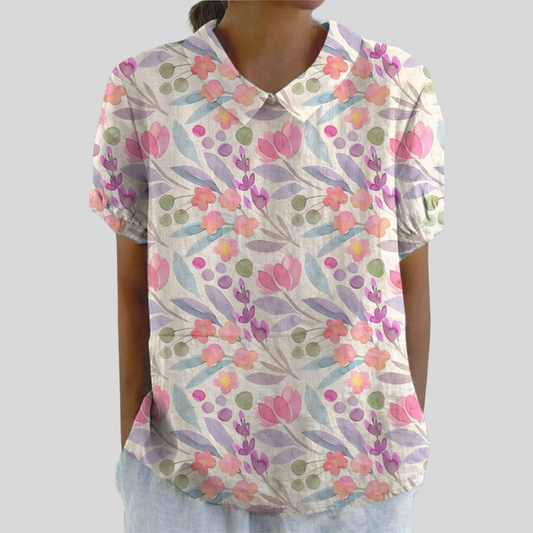 Blusa de Botones de Manga Corta con Estampado de Tulipanes en Lila