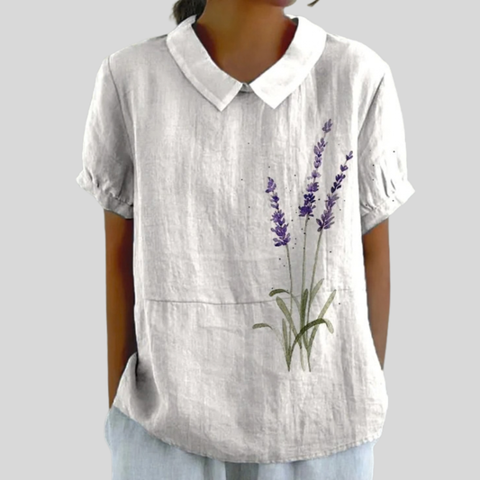 Blusa de Botones de Manga Corta con Estampado de Lavanda