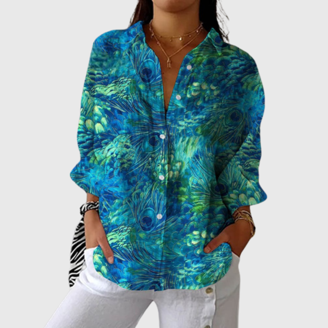 Blusa de Botones con Estampado de Plumas de Pavo Real
