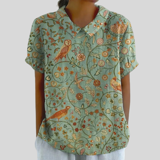 Blusa de Botones de Manga Corta con Estampado de Búho