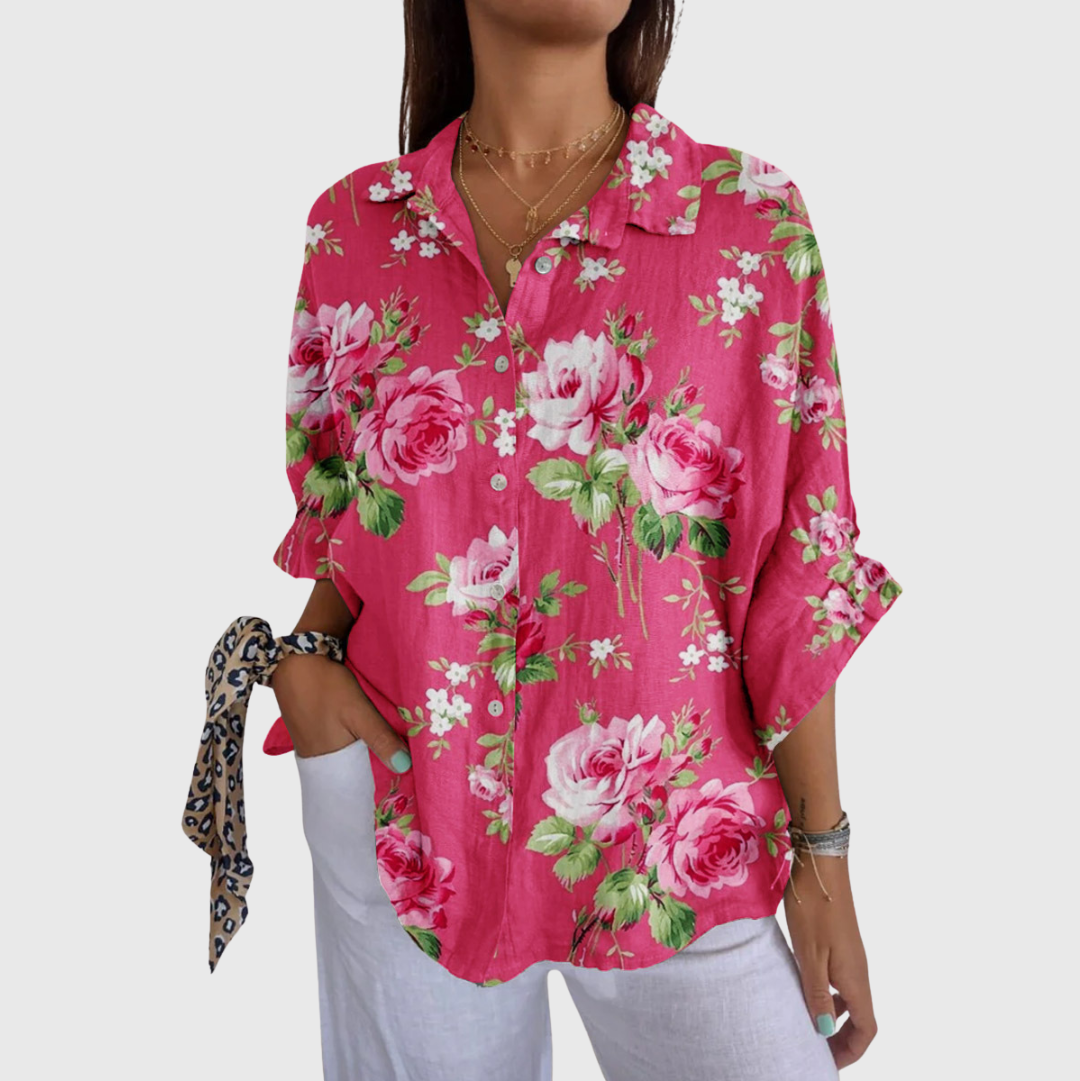 Blusa de Botones con Estampado de Rosas sobre Fucsia