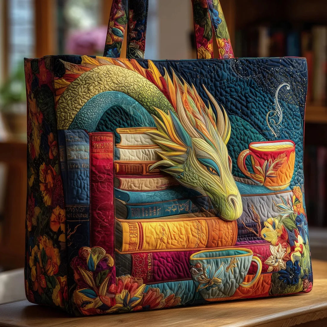 Bolsa Artesanal | Dragón Leyendo Libros y Tazas