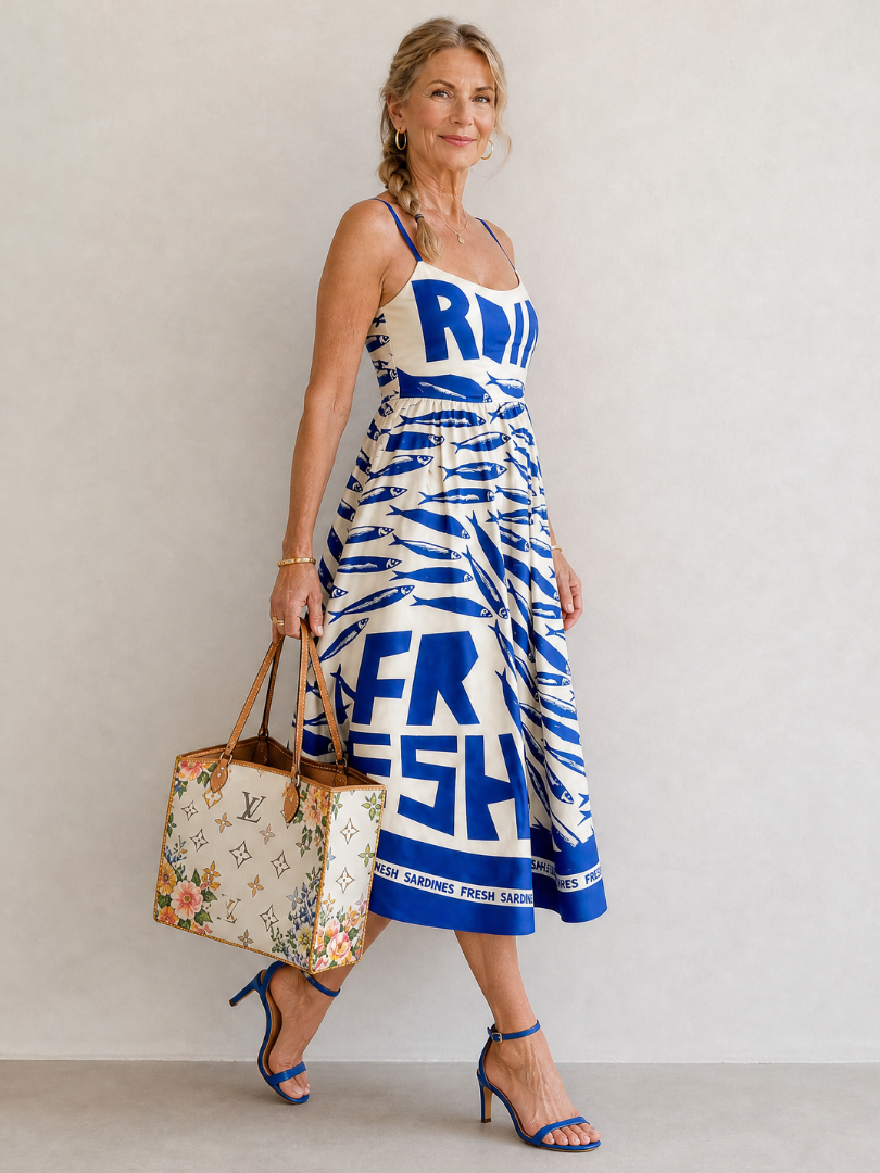 Alma Vestido midi con estampado de peces en azul