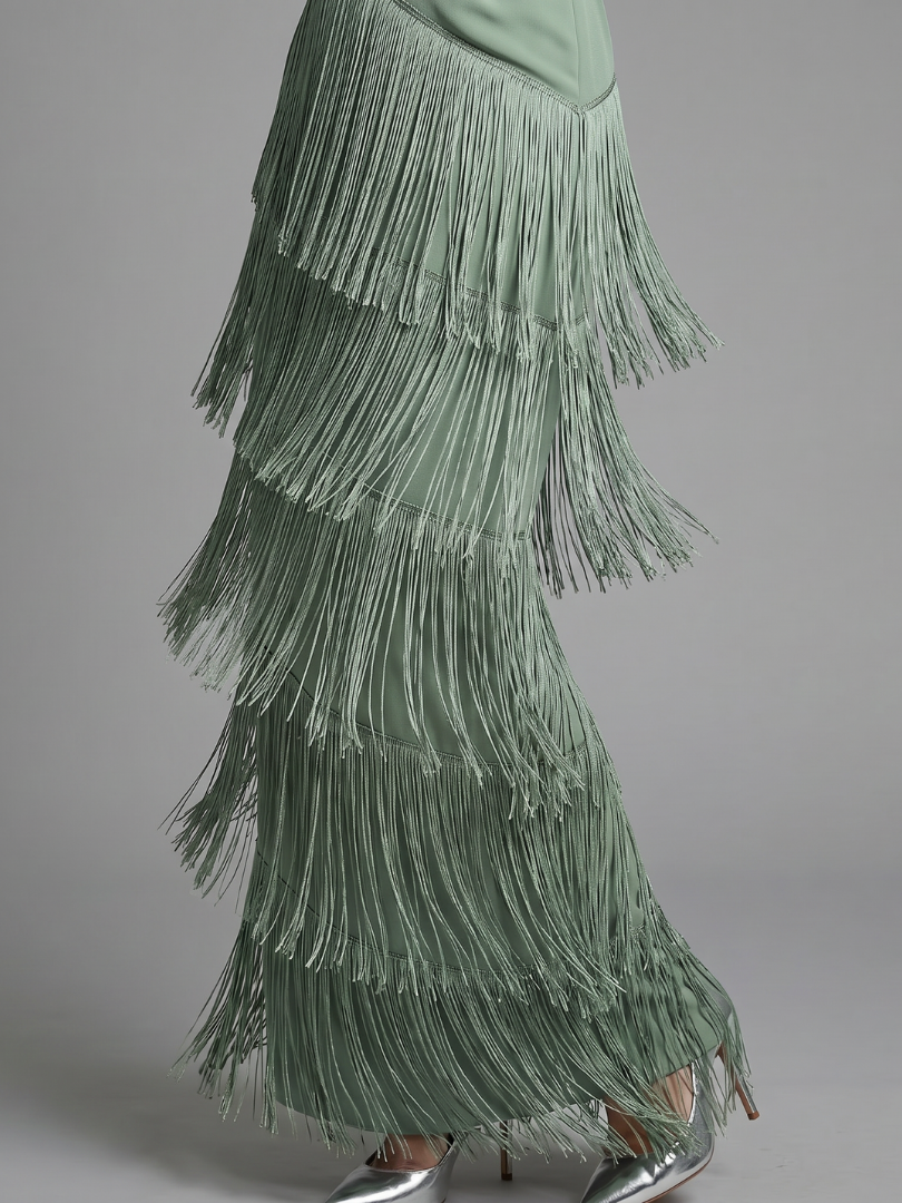 Paloma Vestido midi con flecos en verde salvia