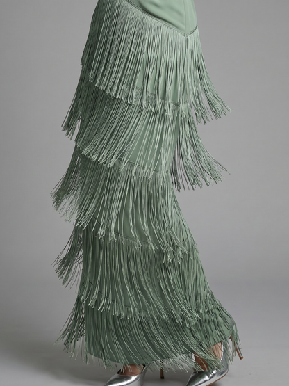 Paloma Vestido midi con flecos en verde salvia