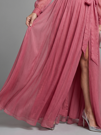 María José Vestido largo en rosa palo con cinto