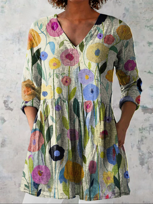 Camila | Blusa Túnica con Escote en V y Estampado Floral Acuarela