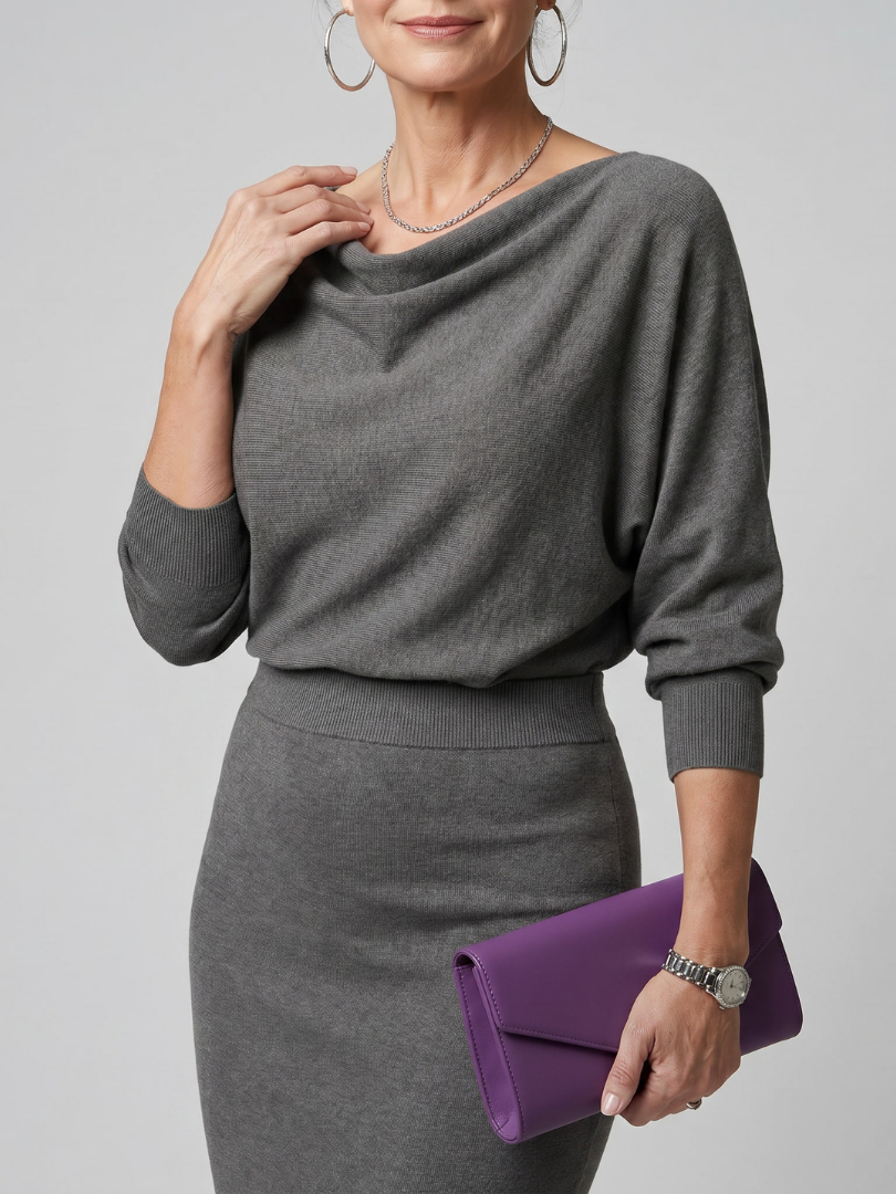 Norma Vestido tejido en gris con escote cascada