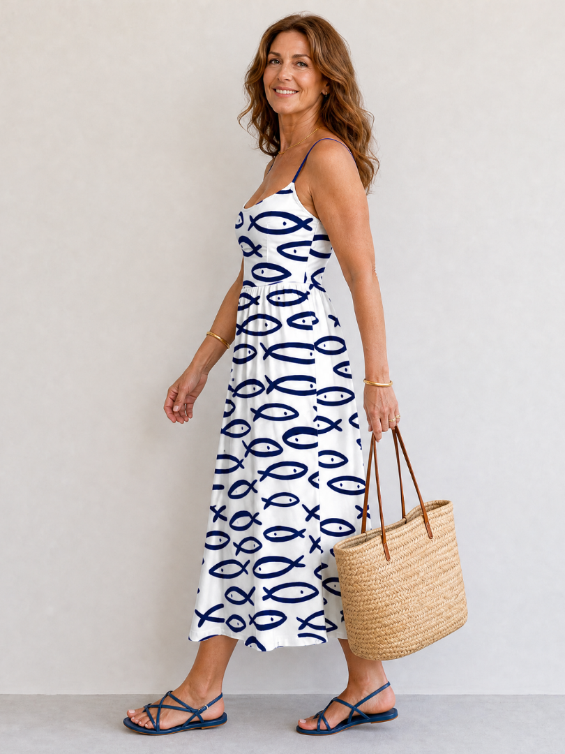 Dafne Vestido midi con estampado de peces en blanco