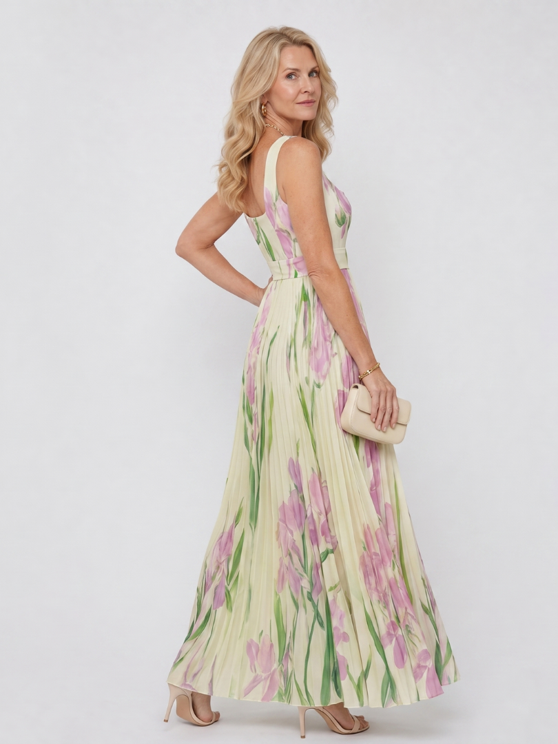 Margarita Vestido plisado con estampado de tulipanes