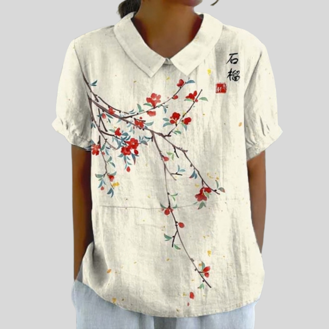 Blusa de Botones de Manga Corta con Estampado de Flor de Cerezo