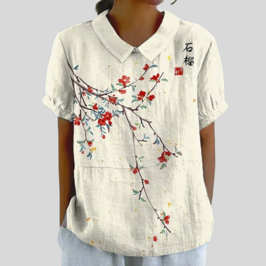 Blusa de Botones de Manga Corta con Estampado de Flor de Cerezo