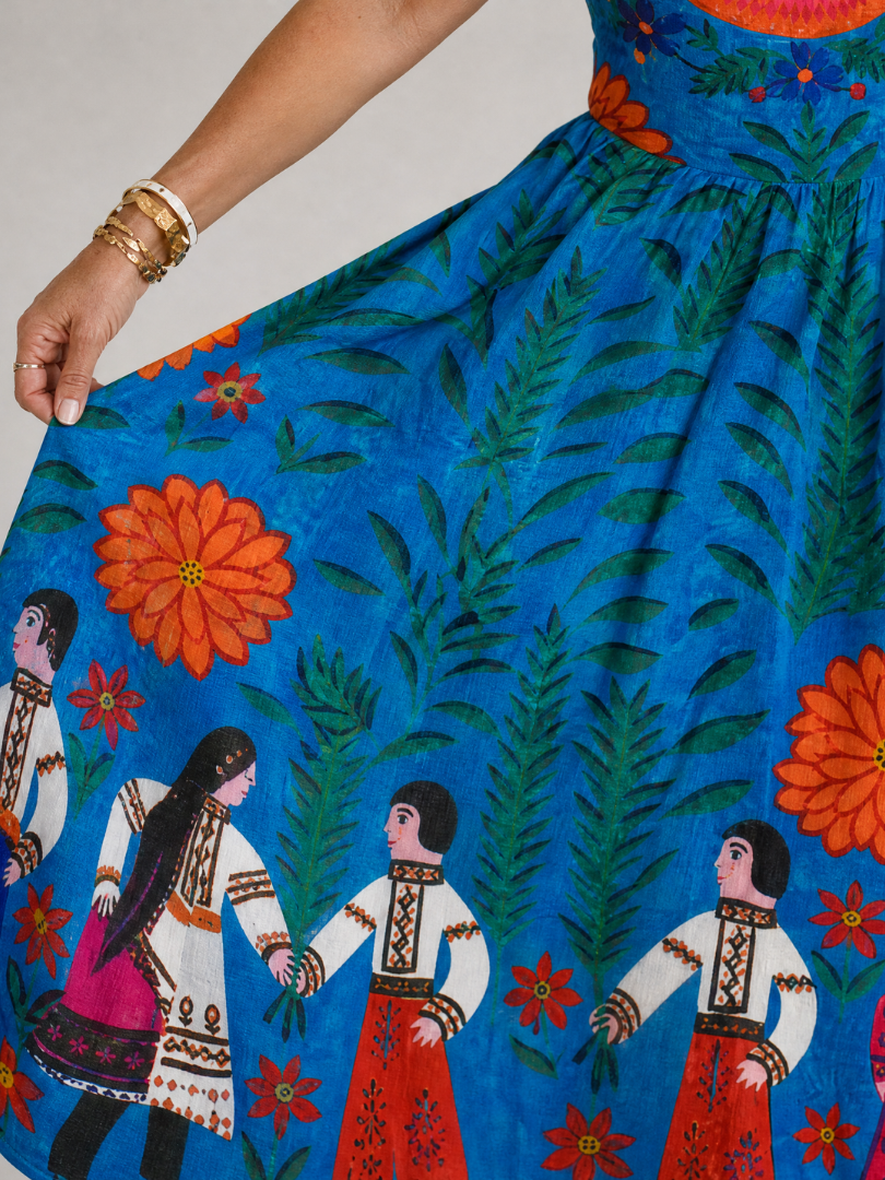 Abril Vestido midi con estampado folclórico en azul
