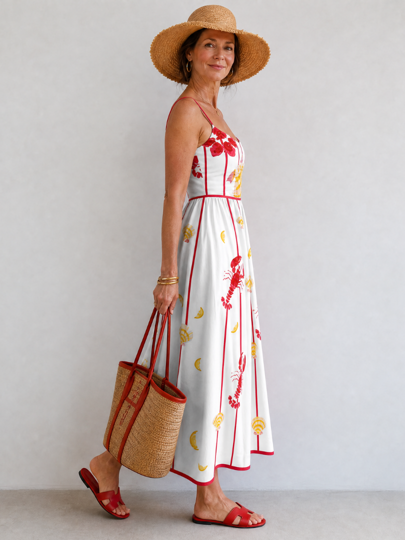 Jazmín Vestido midi con estampado de langostas y conchas