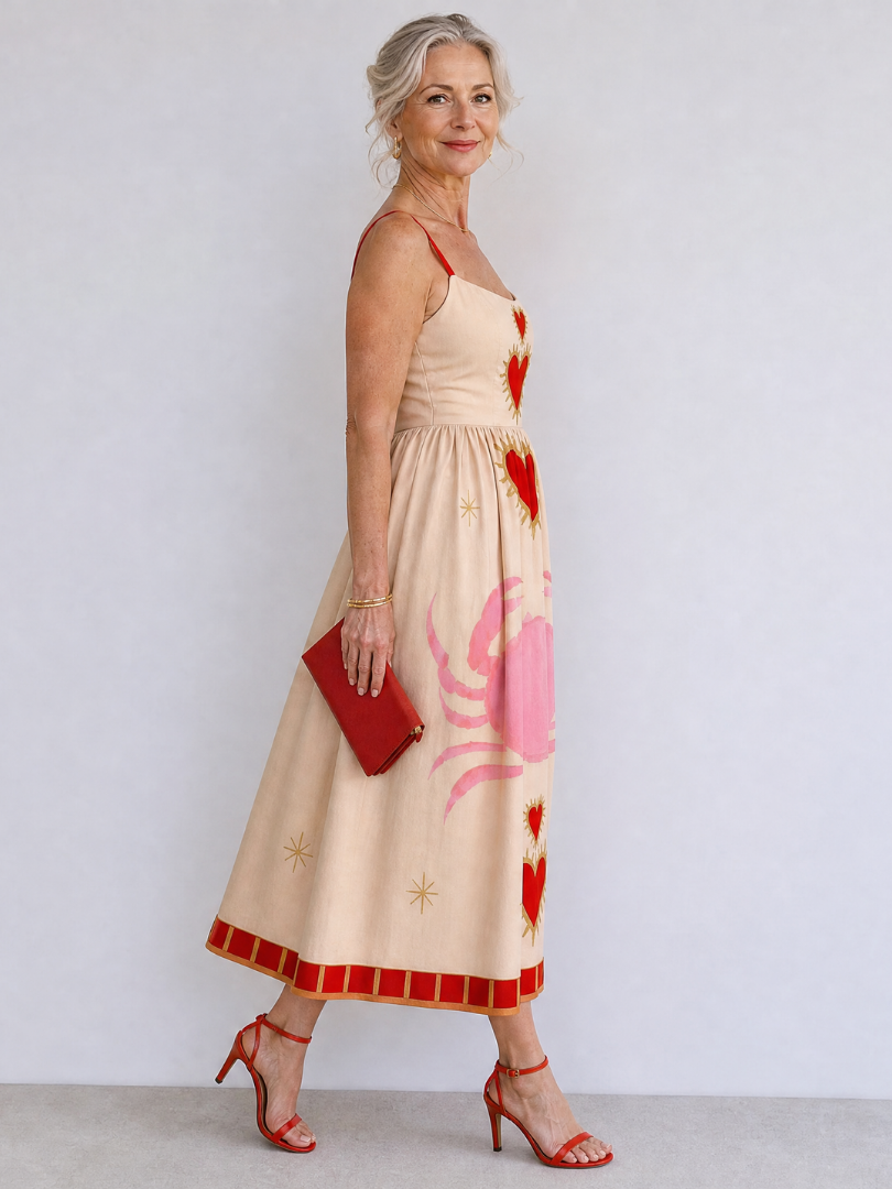 Fátima Vestido midi con estampado de corazones en rosa