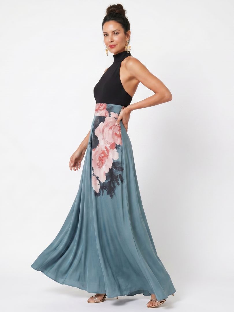 Sandra Vestido largo con top negro y falda floral