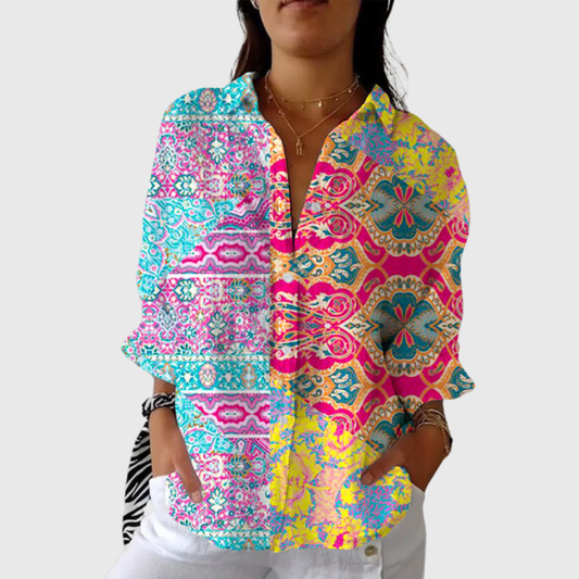 Blusa de Botones con Estampado Étnico en Bloques