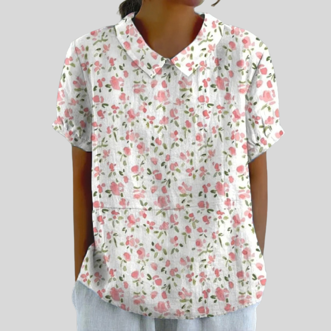Blusa de Botones de Manga Corta con Estampado Floral Rosado