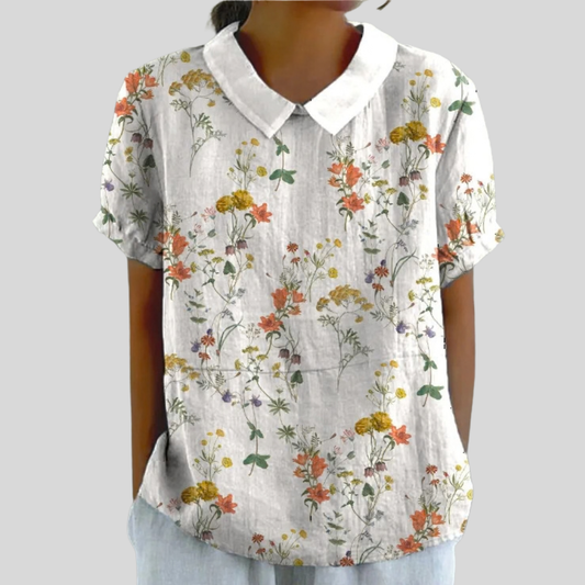 Blusa de Botones de Manga Corta con Estampado de Flores Silvestres Coral