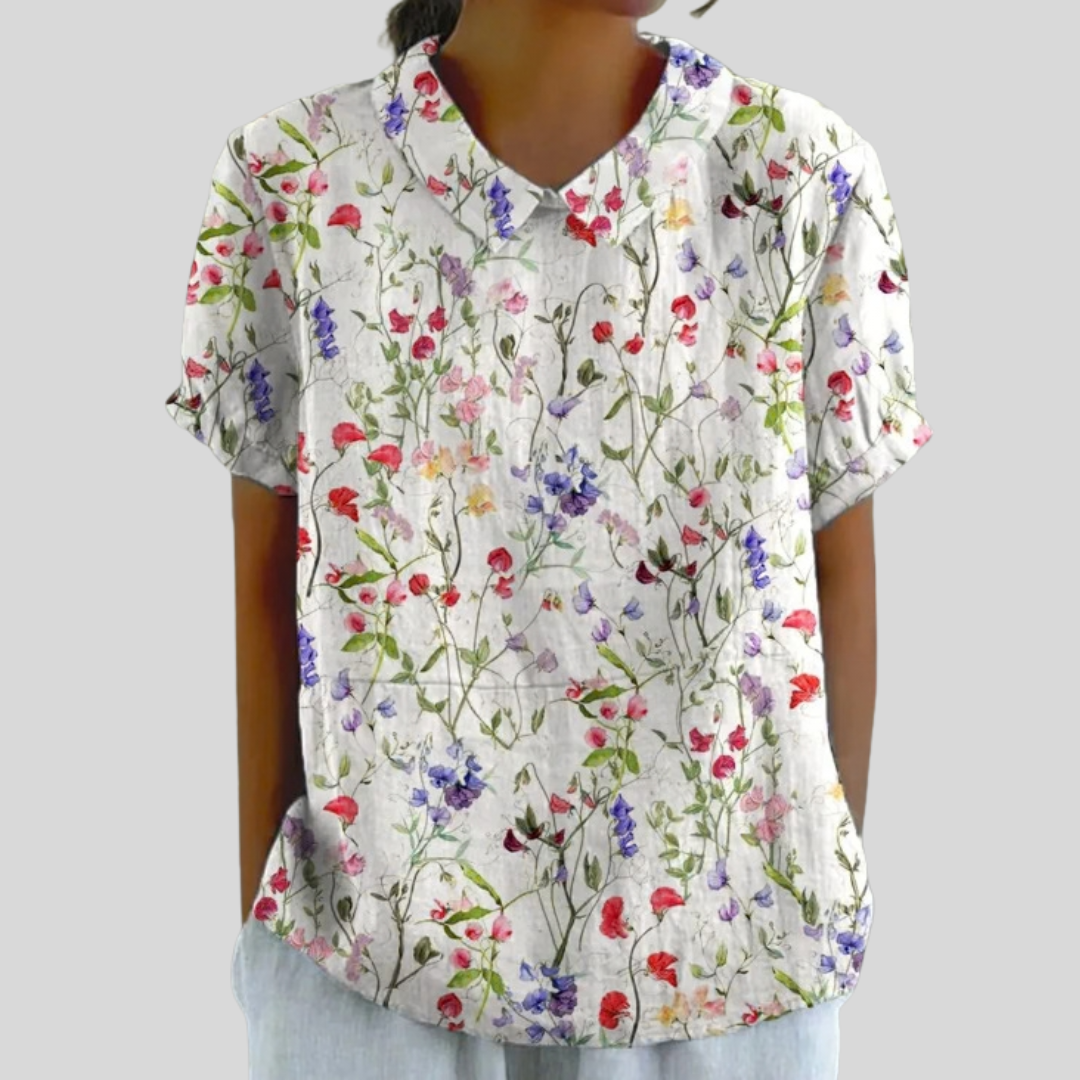 Blusa de Botones de Manga Corta con Estampado de Flores del Campo