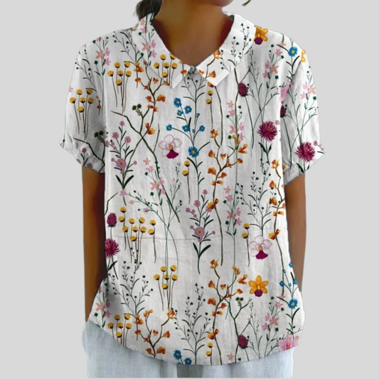 Blusa de Botones de Manga Corta con Estampado de Flores Silvestres