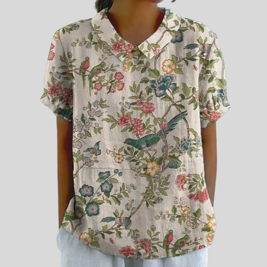 Blusa de Botones de Manga Corta con Estampado de Ave entre Flores