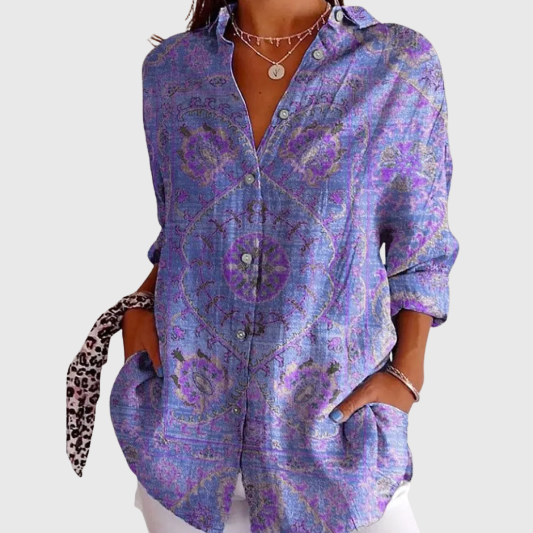 Blusa de Botones con Estampado de Mandalas en Morado