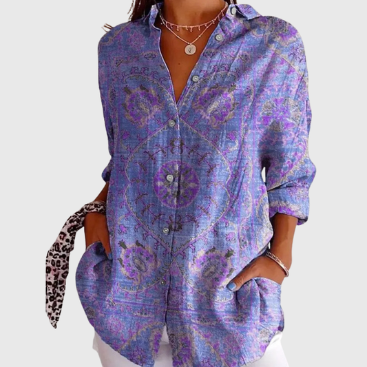Blusa de Botones con Estampado de Mandalas en Morado
