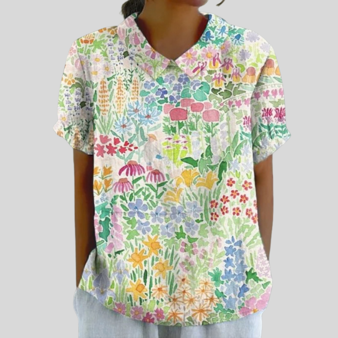 Blusa de Botones de Manga Corta con Estampado de Prado Florido