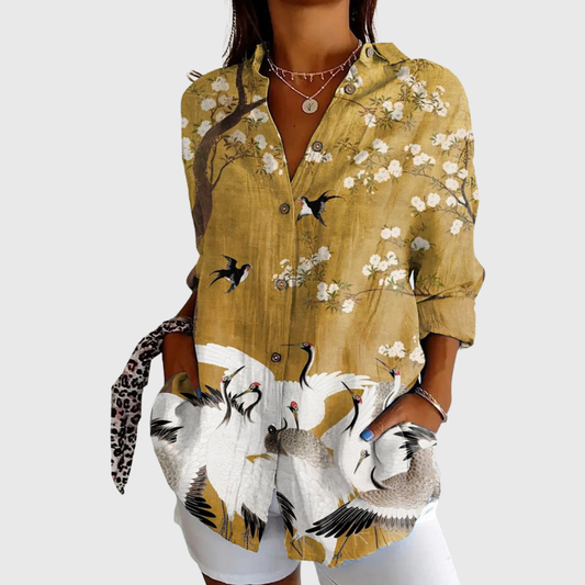 Blusa de Botones con Estampado de Grullas Japonesas
