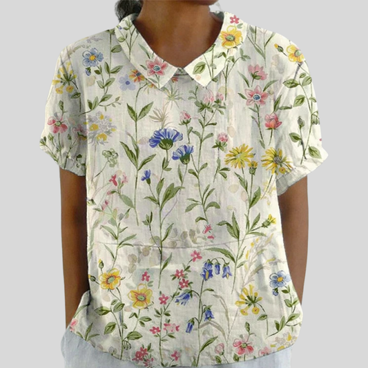 Blusa de Botones de Manga Corta con Estampado de Herbario
