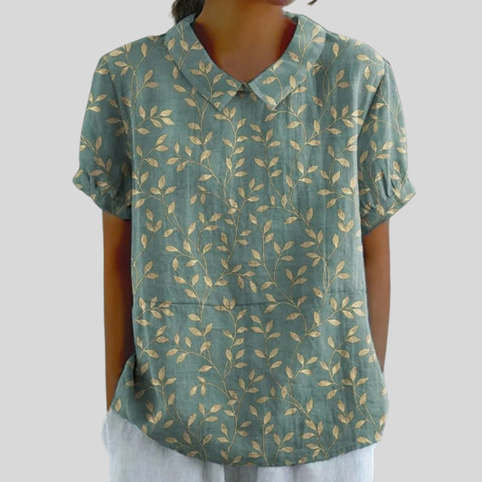 Blusa de Botones de Manga Corta con Estampado de Hojas Doradas