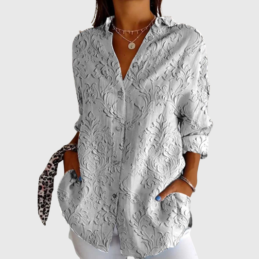 Blusa de Botones con Estampado Floral Texturizado en Gris