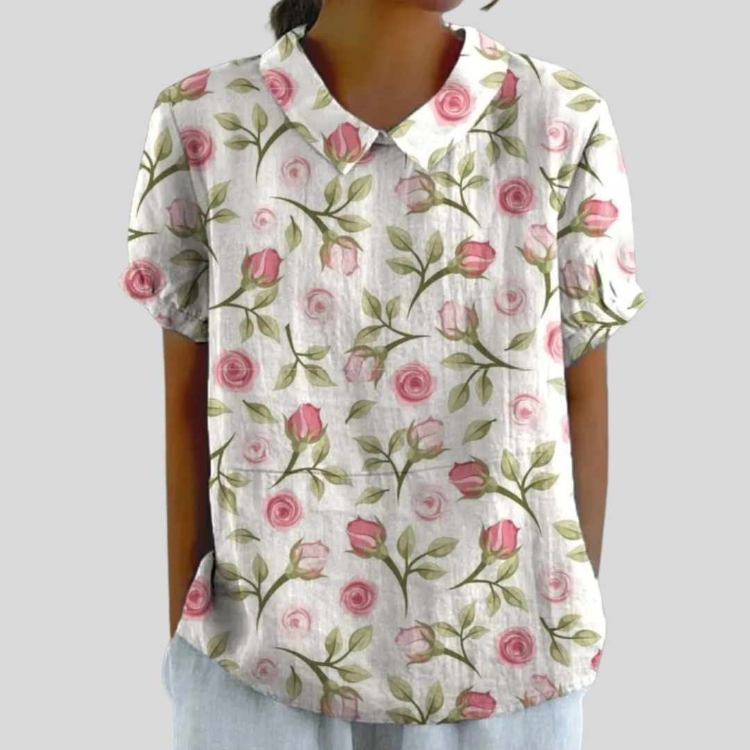 Blusa de Botones de Manga Corta con Estampado de Capullos de Rosa