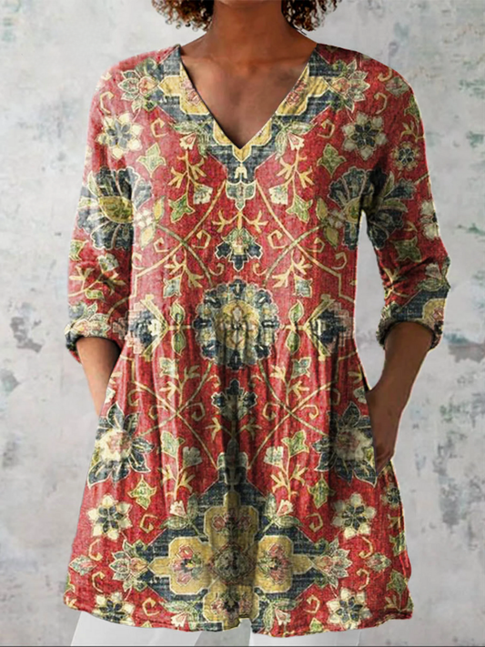 Zoé | Blusa Túnica con Escote en V y Estampado Oriental