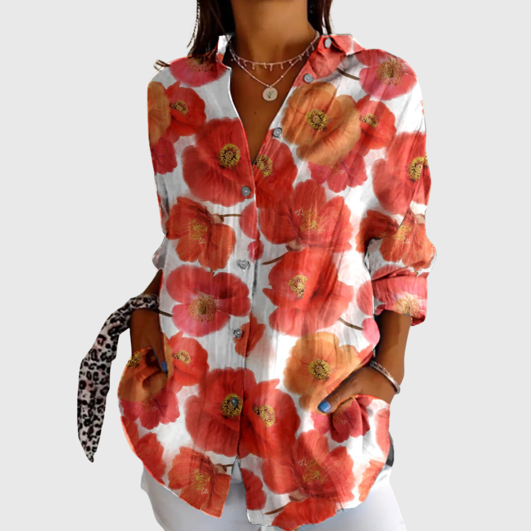 Blusa de Botones con Estampado de Amapolas